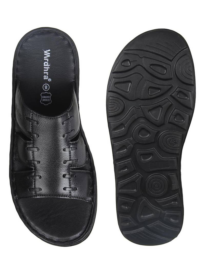 Vardhra Men's Black Genuine Leather Casual Slipper