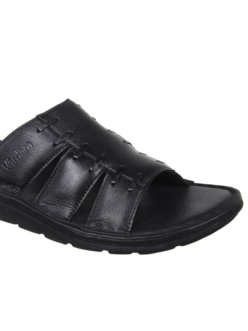 Vardhra Men's Black Genuine Leather Casual Slipper
