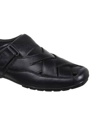 Vardhra Men's Black Genuine Leather Fisherman Casual Sandal 5