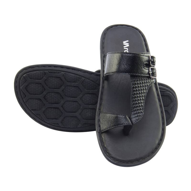 Vardhra Men's Black Genuine Leather Monk Casual Slipper