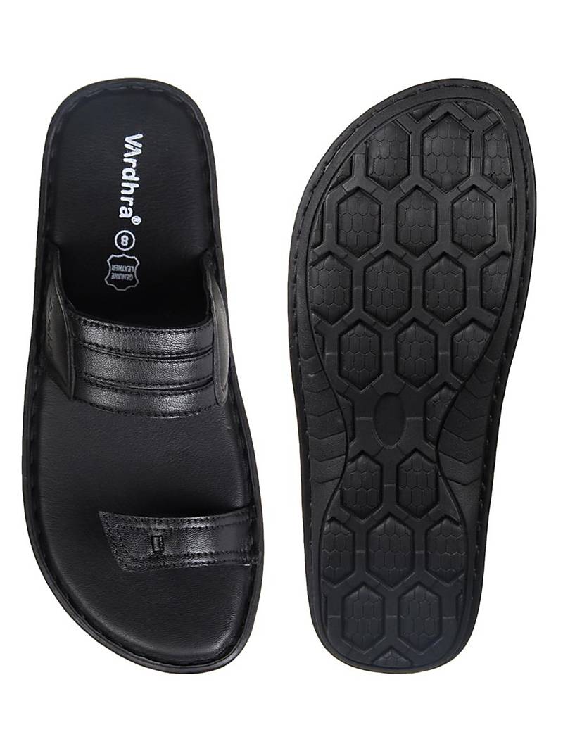 Vardhra Men's Black Genuine Leather Thump Casual Slipper