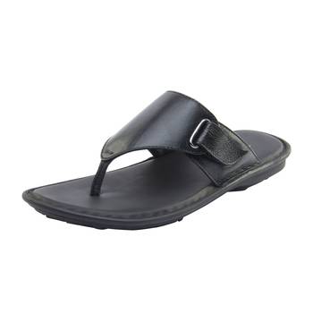 Vardhra Men's Black Genuine Leather V Shape memory Casual Slipper 2