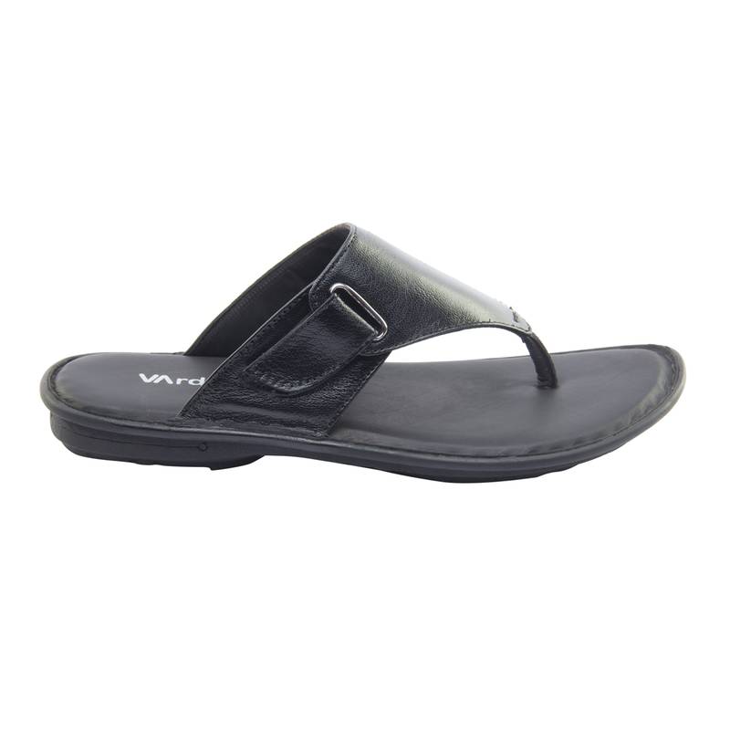 Vardhra Men's Black Genuine Leather V Shape memory Casual Slipper
