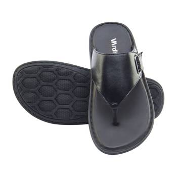 Vardhra Men's Black Genuine Leather V Shape memory Casual Slipper 5