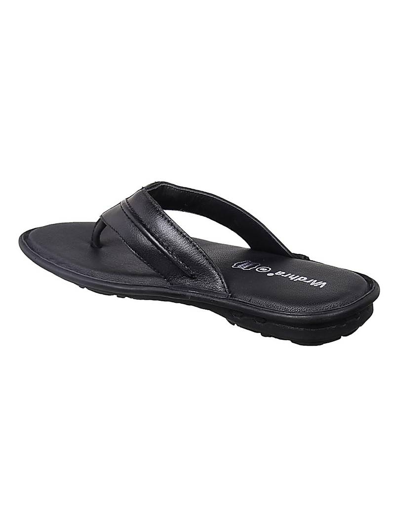 Vardhra Men's Black Genuine Leather V Shape memory Casual Slipper