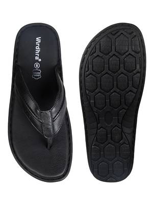 Vardhra Men's Black Genuine Leather V Shape memory Casual Slipper 4