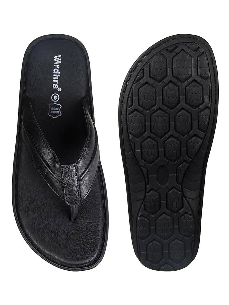 Vardhra Men's Black Genuine Leather V Shape memory Casual Slipper