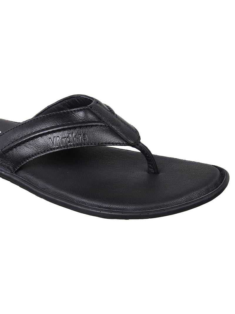 Vardhra Men's Black Genuine Leather V Shape memory Casual Slipper