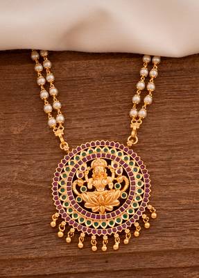 Pearl necklace with Laxmi pendant LONG one gram gold 1
