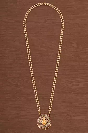 Pearl necklace with Laxmi pendant LONG one gram gold