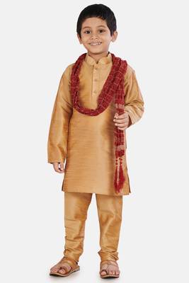 Gold plain cotton silk boys-kurta-pyjama 1