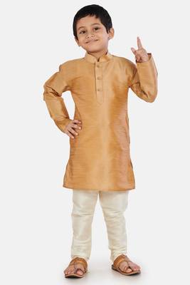 Gold plain cotton silk boys-kurta-pyjama 1