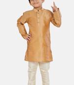 Gold plain cotton silk boys-kurta-pyjama