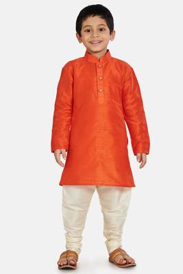 Orange plain cotton silk boys-kurta-pyjama 1