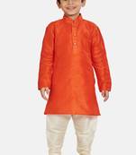 Orange plain cotton silk boys-kurta-pyjama
