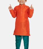 Orange plain cotton silk boys-kurta-pyjama