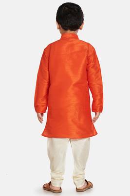 Orange plain cotton silk boys-kurta-pyjama 3
