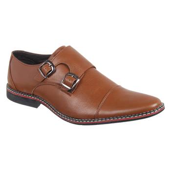 Vardhra Men's Tan Genuine Leather Party Double Monk Strap Formal Shoes 1