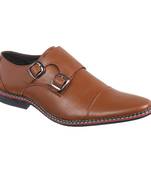 Vardhra Men's Tan Genuine Leather Party Double Monk Strap Formal Shoes