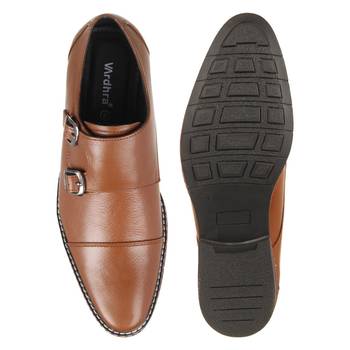 Vardhra Men's Tan Genuine Leather Party Double Monk Strap Formal Shoes 4