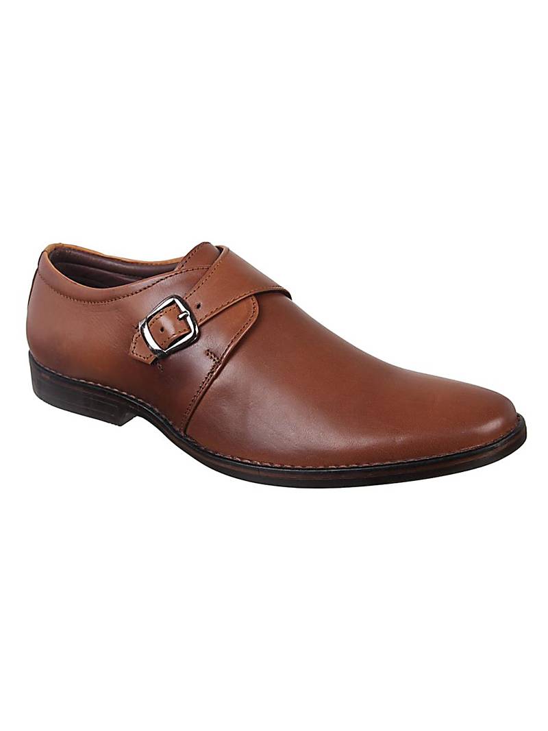 Vardhra Men's Tan Genuine Leather Single Monk Formal Shoes