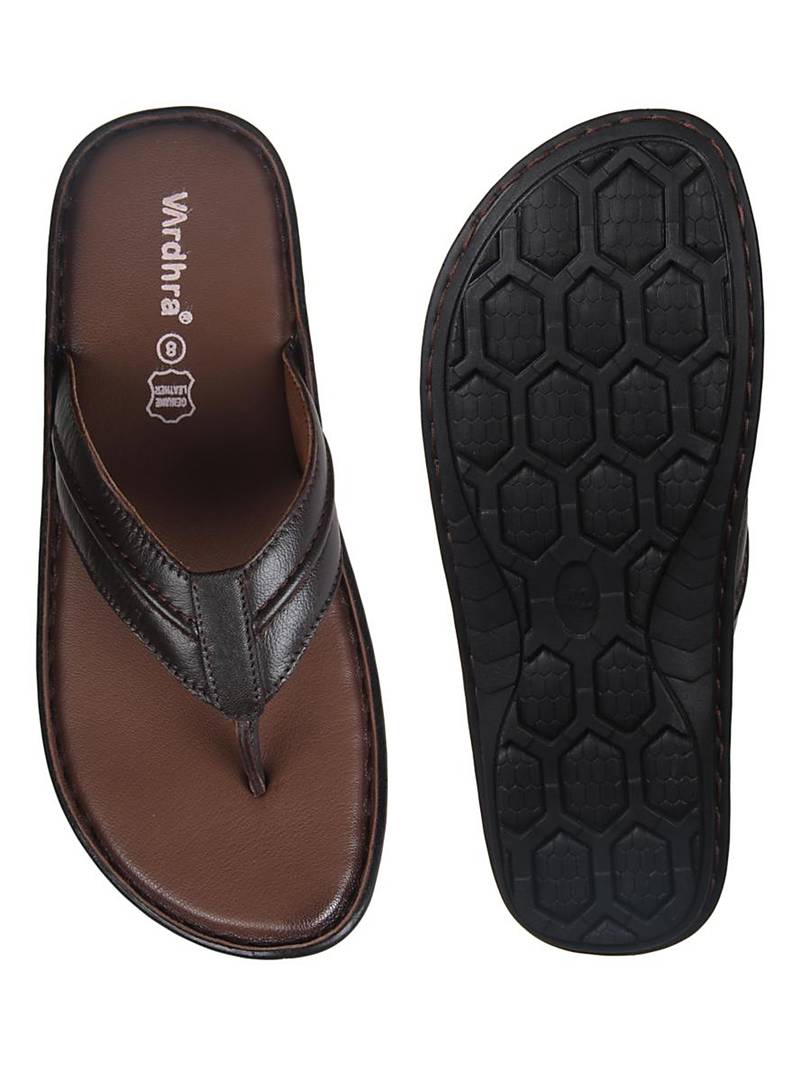 Vardhra Men's Tan Genuine Leather V Shape memory Casual Slipper