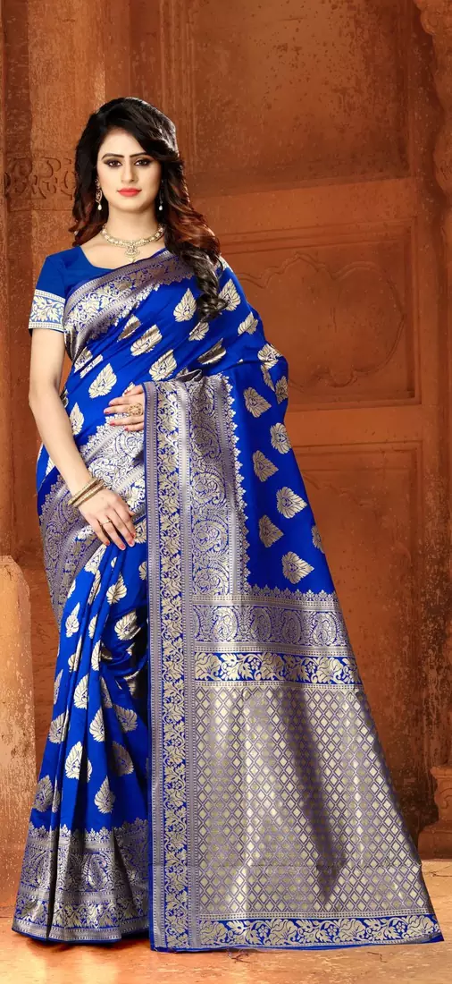 royal blue woven Art Silk Saree with blouse