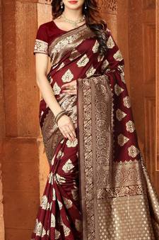 Maroon woven Art Silk Saree with blouse