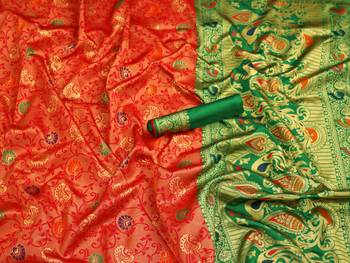 Red woven art silk saree with blouse 2