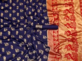 Blue woven art silk saree with blouse 2