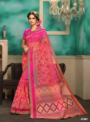 Pink embroidered cotton saree with blouse 1