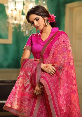 Pink embroidered cotton saree with blouse 2