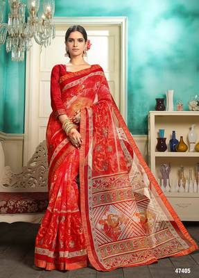 Red embroidered cotton saree with blouse 1