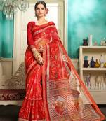 Red embroidered cotton saree with blouse