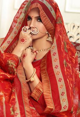 Red embroidered cotton saree with blouse 2