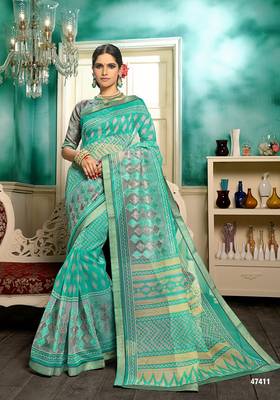 Green embroidered cotton saree with blouse 1