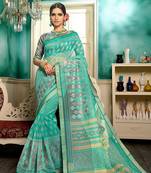 Green embroidered cotton saree with blouse