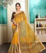 Yellow embroidered cotton saree with blouse