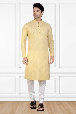 Beige printed cotton kurta-pajama 1