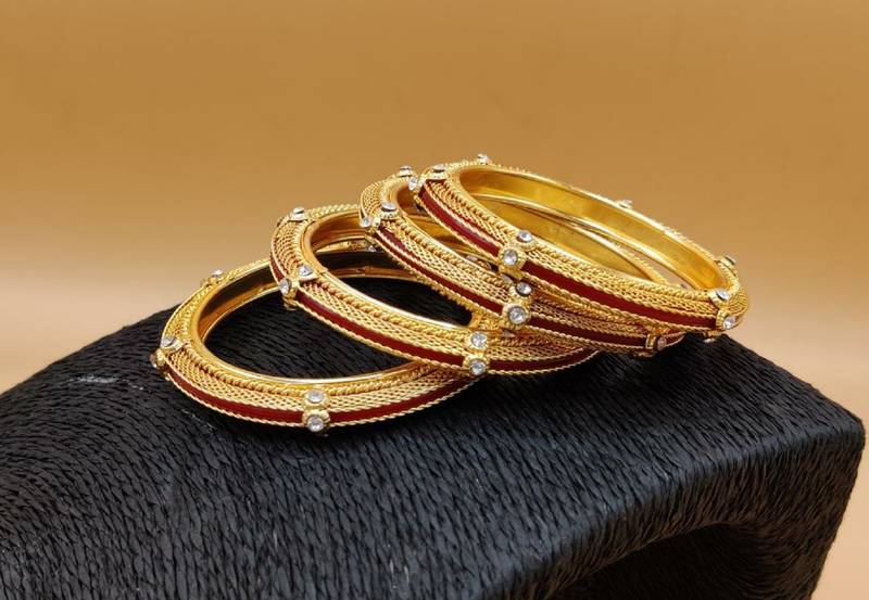 Antique Gold Plated With Red Glass & Stone Studded  Bangle For Women (Set Of 4 )