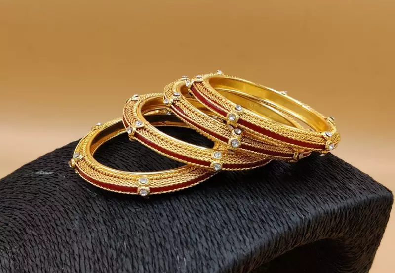 Antique Gold Plated With Red Glass & Stone Studded  Bangle For Women (Set Of 4 )