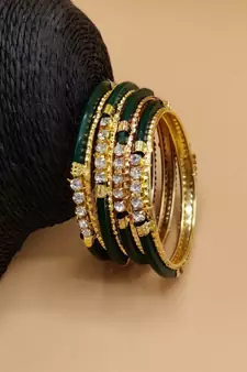 Designer Gold Plated With Green Glass and Stone Studded Bangles