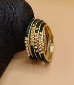 Designer Gold Plated With Green Glass and Stone Studded Bangles