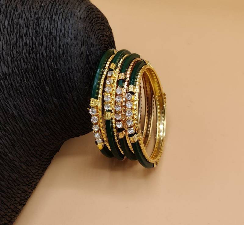 Designer Gold Plated With Green Glass and Stone Studded Bangles