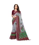 Grey coloured fancy linen material silk saree with weaved zari border
