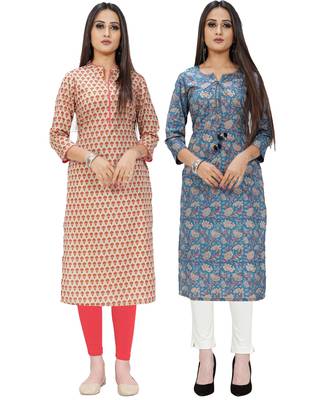 Beige printed cotton ethnic-kurtis 1
