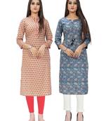 Beige printed cotton ethnic-kurtis