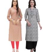 Beige printed cotton ethnic-kurtis