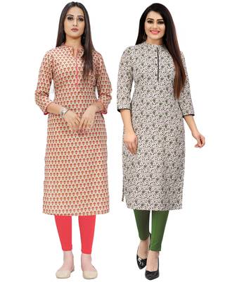Beige printed cotton ethnic-kurtis 1
