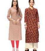 Beige printed cotton ethnic-kurtis